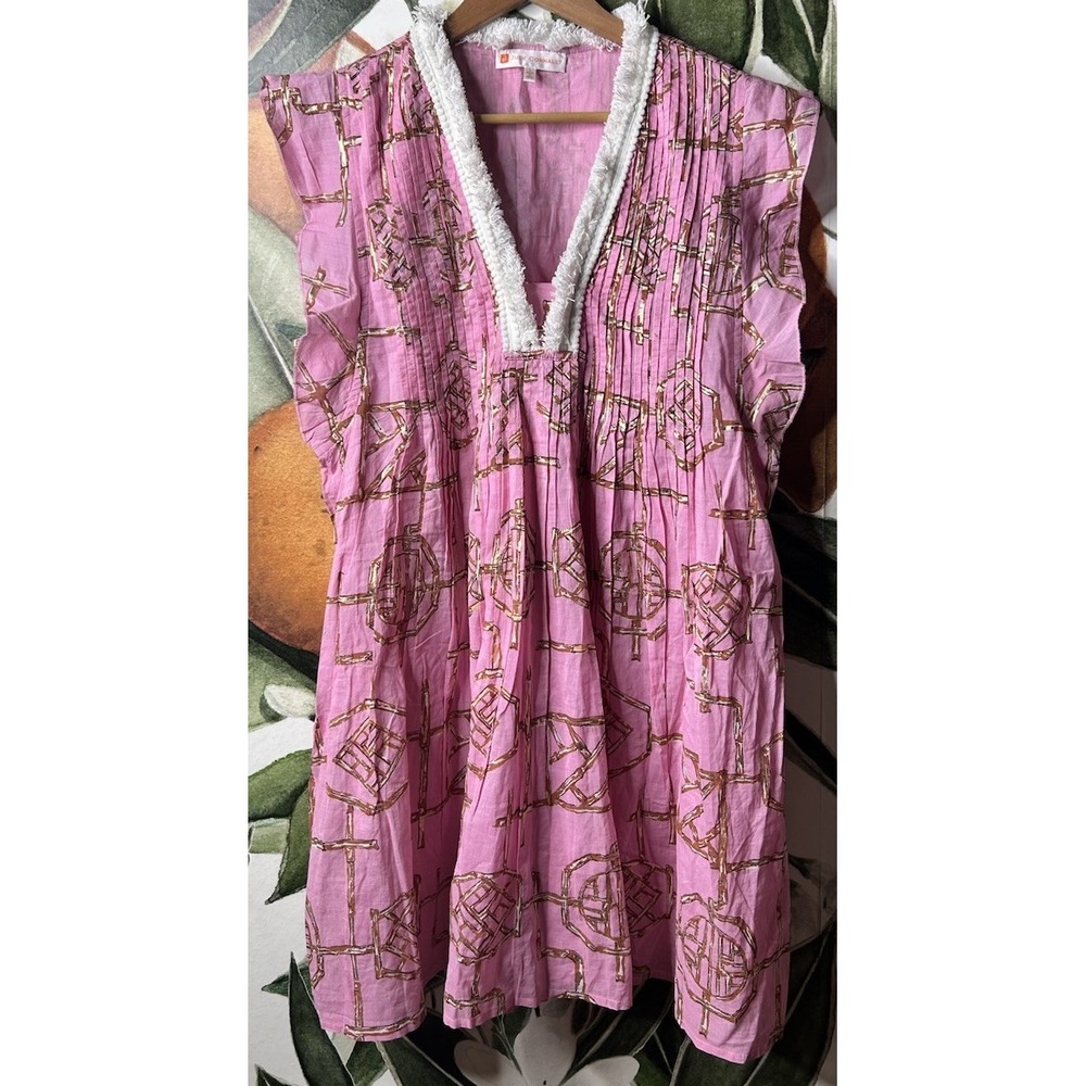 Jude Connally Larissa Dress Large Metallic Print Ruffle Sleeves Swing Resort